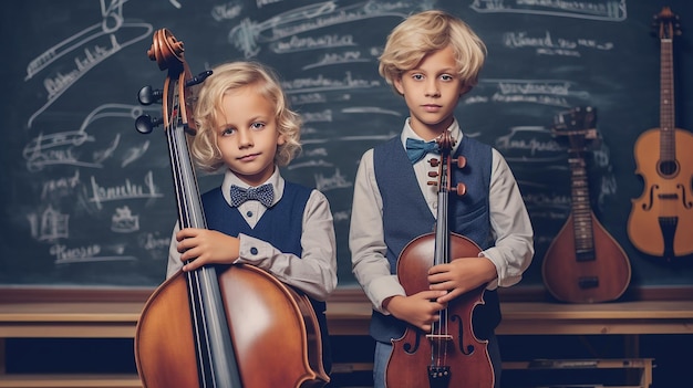 kleine kinderen bij het krijtbord op de muziekschool