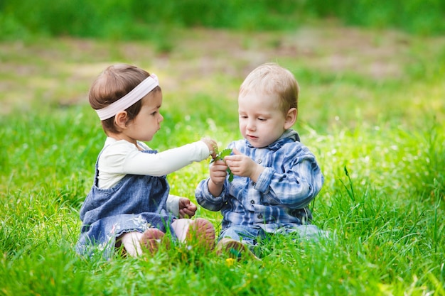 Kleine kinderen spelen buiten op het gras