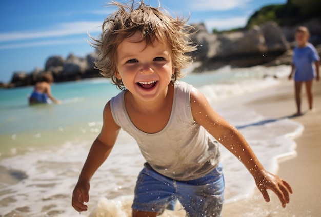 kleine kinderen spelen vrolijk glimlachend op het strand