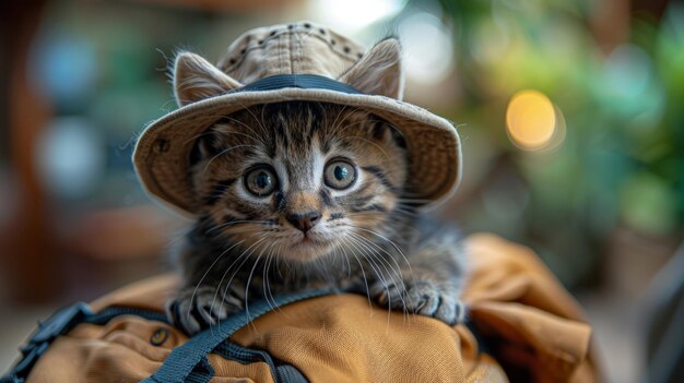 Kleine kitten draagt een hoed op de rugzak