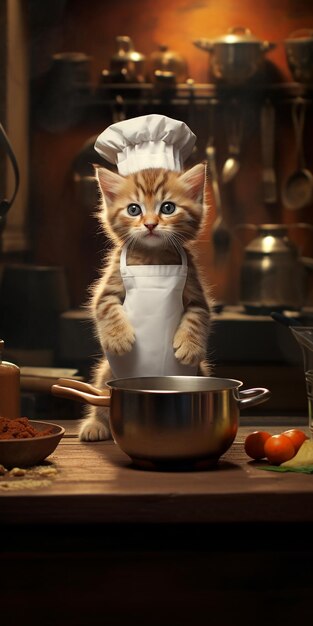 Foto kleine kitten geïnspireerd door culinaire kunsten cartoon cooking