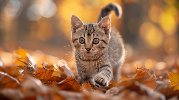 Kleine kitten loopt door een stapel bladeren