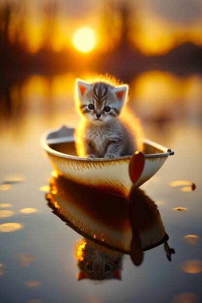 Kleine kitten zittend in een kleine boot op het water met de zon erachter Generatieve AI