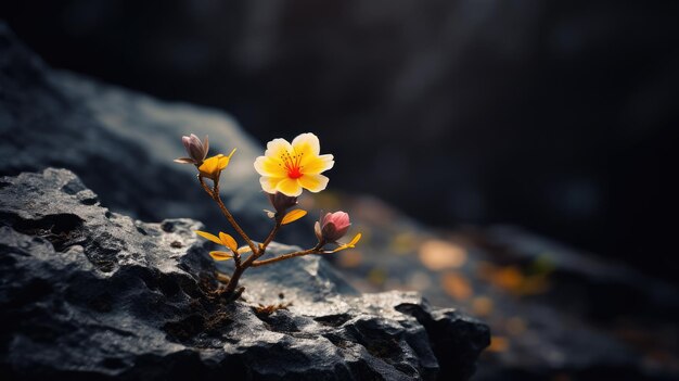 Kleine kleine bloem groeien op een rots in een prachtige omgeving in de stijl van precisionist