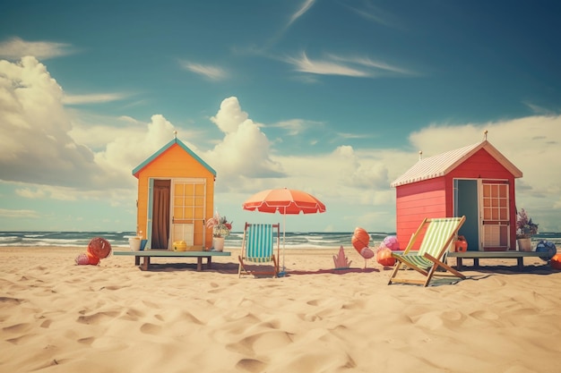 Kleine kleurrijke strandhuisjes aan de kust Gekleurde hutten op het zandstrand bij de oceaan Zomervakantie concept Gemaakt met Generative AI