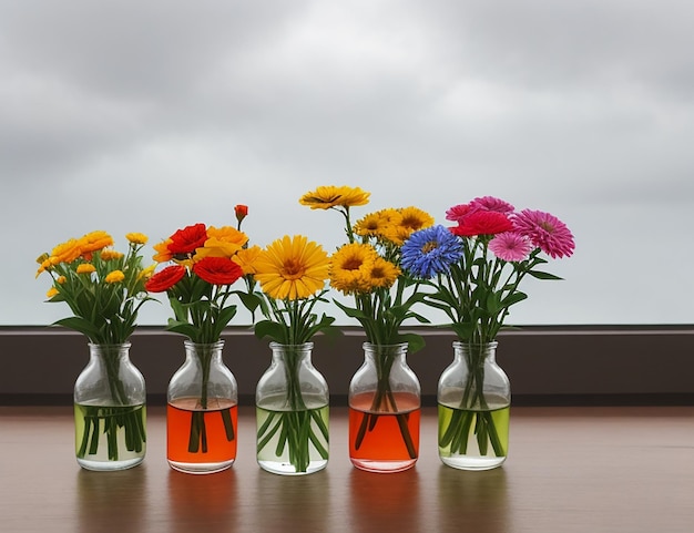 Foto kleine kleurrijke warme bloemen kleurrijke bloemen bewolkt regenachtig uitzicht in bloemenvaas gegenereerde ai