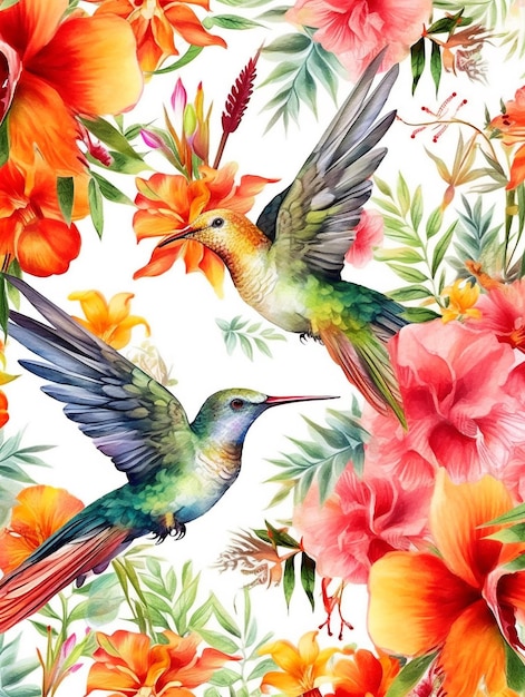 Kleine kolibrie en tropisch bloemenpatroon