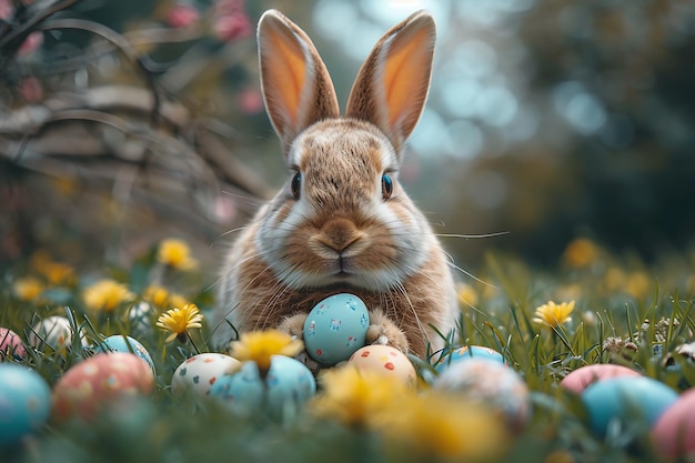 Foto kleine konijn in mand met versierde eesterkaarten gegenereerd door ai