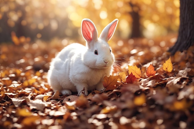 Kleine konijn zit op het gazon met gevallen bladeren in de herfst achtergrond