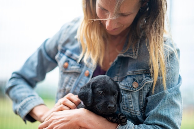 Kleine labrador pup op schoot van baasje