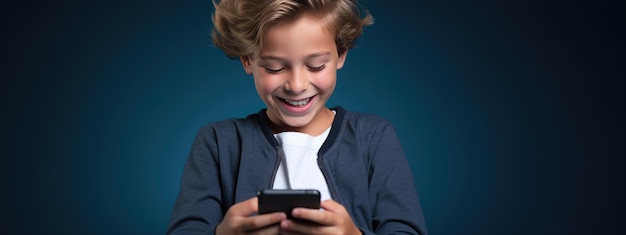 Kleine lachende jongen met een mobiele telefoon op een gekleurde achtergrond.