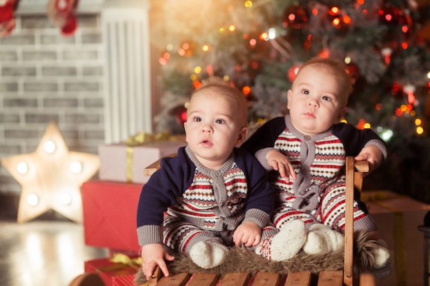 Kleine lachende tweeling babyjongens in een blauwe en rode gebreide trui met kerstboom