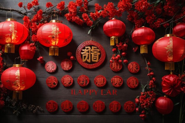 Kleine lantaarns zijn versierd op de rode boom in het Chinese nieuwjaar