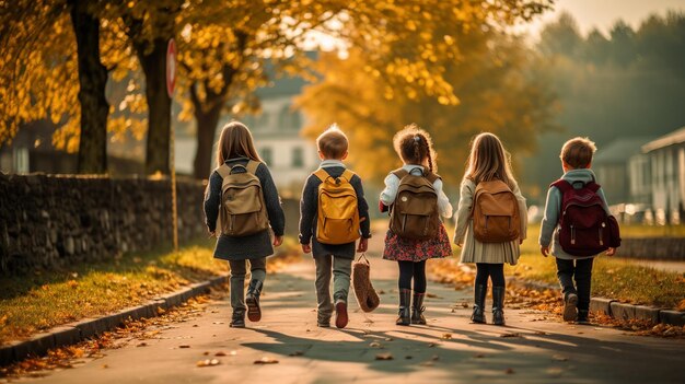 Kleine leerlingen gaan naar school met rugzakken Terug naar school concept Generatieve ai