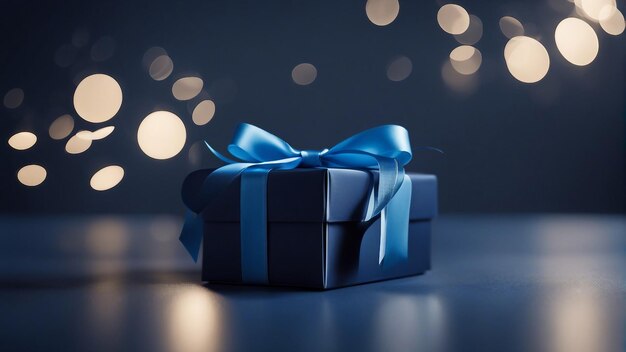 Kleine luxe geschenkdoos met een blauwe strik op donkerblauwe tafel gegenereerd door AI