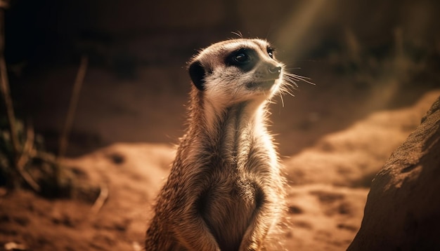 Kleine meerkat die alert staat te kijken naar natuurschoon gegenereerd door AI