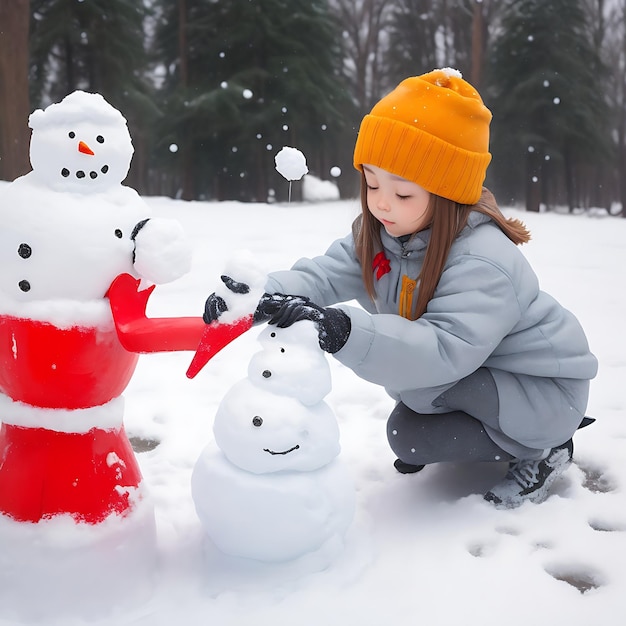 Kleine meisje bouwt haar eerste sneeuwman gegenereerde AI