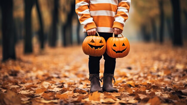 Foto kleine meisje draagt een halloween pak houdt spookachtige halloween pompoenen herfst achtergrond kopieer ruimte