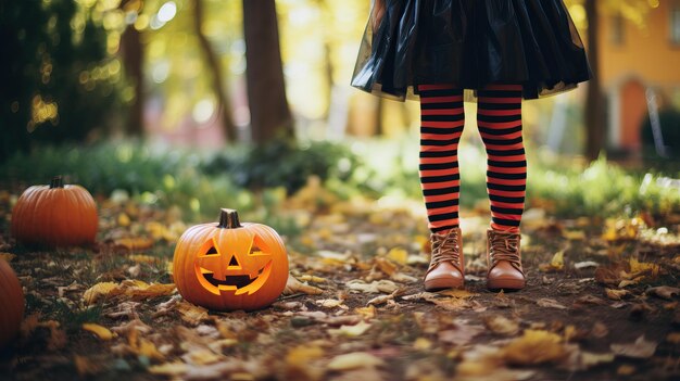 Kleine meisje draagt een Halloween pak staat in de herfst park halloween pompoen aan haar voeten uitnodiging