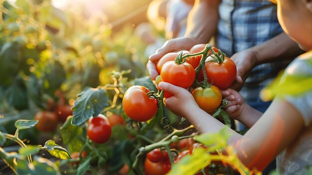 Kleine meisje en haar moeder plukken verse rijpe tomaten van de wijnstok in de tuin