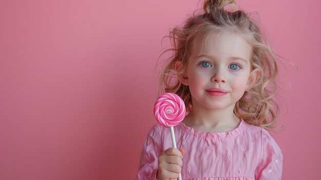 Kleine meisje houdt in je hand een roze lolly op een pastelroze achtergrond