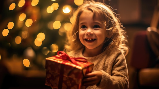 Kleine meisje opgewonden om kerstcadeau doos te openen