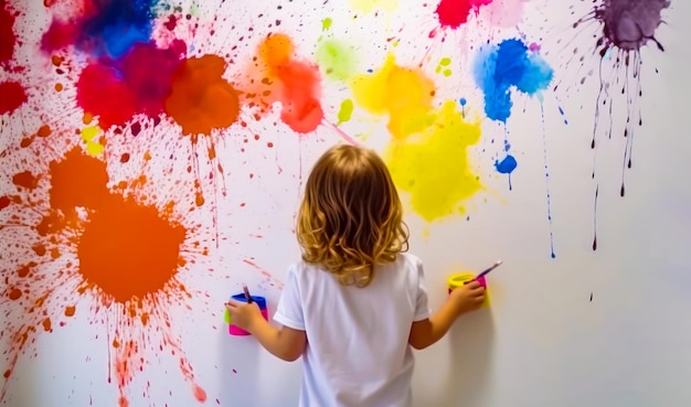 Kleine meisje schildert op de muur met kleurrijke verfspletteringen Generatieve AI