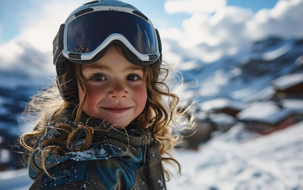 kleine meisje skiër met ski bril en ski helm op de sneeuw berg