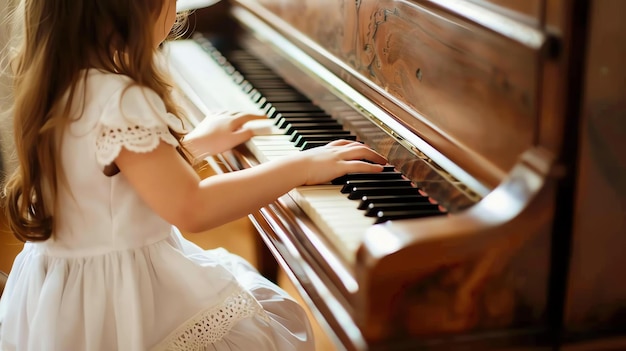 Foto kleine meisje speelt piano het beeld is warm en uitnodigend en het meisje geniet duidelijk van zichzelf