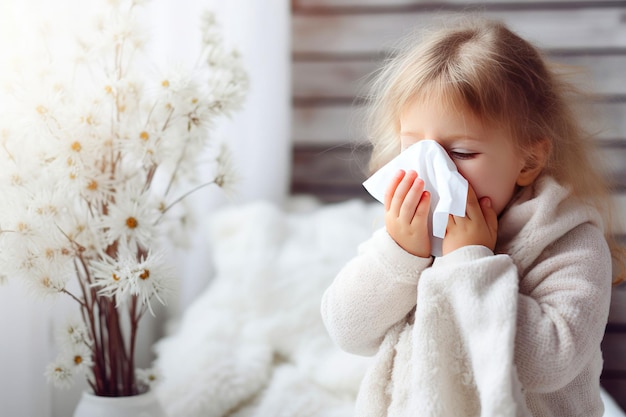 Kleine meisje thuis met een zakdoek voor zijn neus Seizoensziekten bij kinderen griep vertegenwoordiging