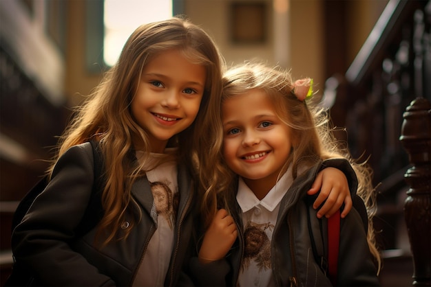 Kleine meisjes in schooluniform glimlachend en lachend terug naar schoolportret