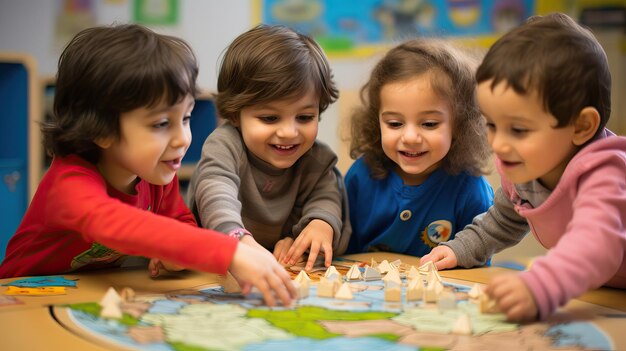 kleine meisjes spelen in de klas en leren tijdens een normale dag