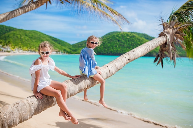 kleine meisjes zitten op een palmboomstam bij. het strand