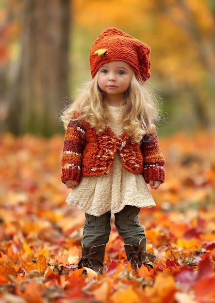 kleine meisjeshoed trui staande stapel bladeren meerlaagse outfit look gehaakte herfst lang blond haar