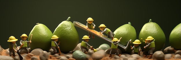 Kleine mensen die aan fruit werken Miniatuur wazige achtergrond