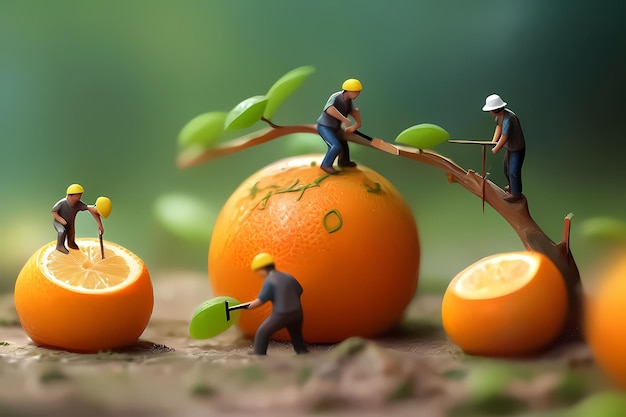 Kleine mensen die aan fruit werken Miniatuur wazige achtergrond