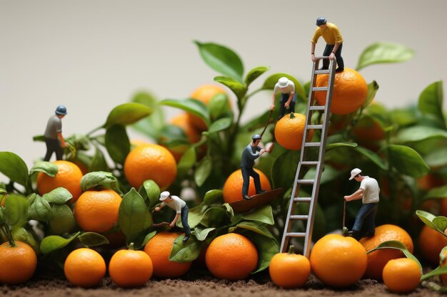 Foto kleine mensen maken eten, plukken fruit en groenten.