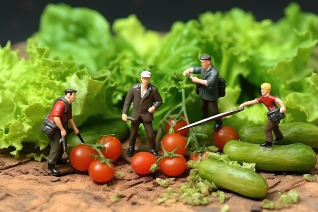 Foto kleine mensen maken eten, plukken fruit en groenten.