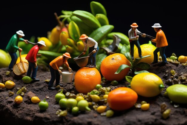 Foto kleine mensen maken eten, plukken fruit en groenten.