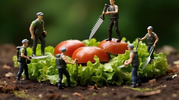 Kleine mensen maken voedsel, plukken groenten en fruit