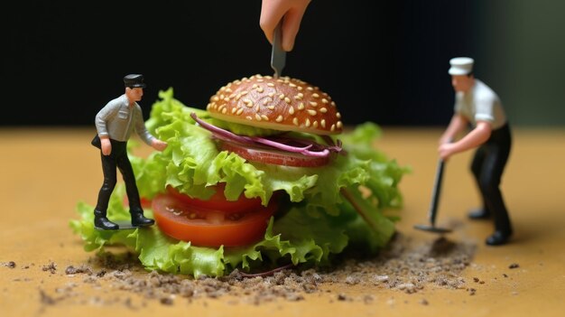 Foto kleine mensen maken voedsel, plukken groenten en fruit