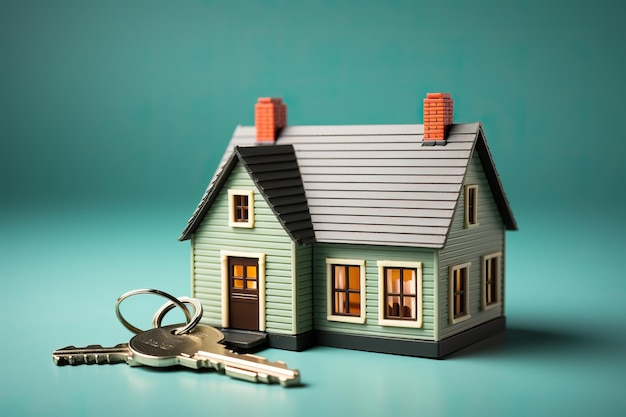 Kleine mock-up van een groen huis op de achtergrond met sleutels concept van het verkopen van het kopen van huizen
