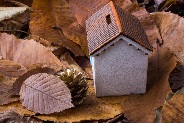 Kleine modelhuizen op een herfstblad