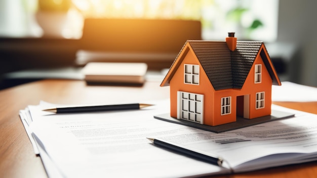 Kleine modelle huis op een tafel met onroerend goed papierwerk