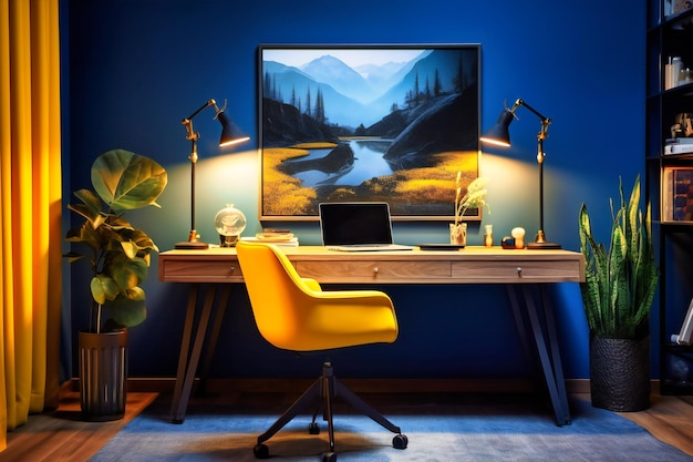 Kleine moderne bureau-ideeën voor thuiskantoor met bureau-wandlamp en een witte stoel