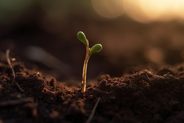 Foto kleine mooie bloem die uit vuil ontspruit bij zonsondergang nieuw levensconcept generatieve ai