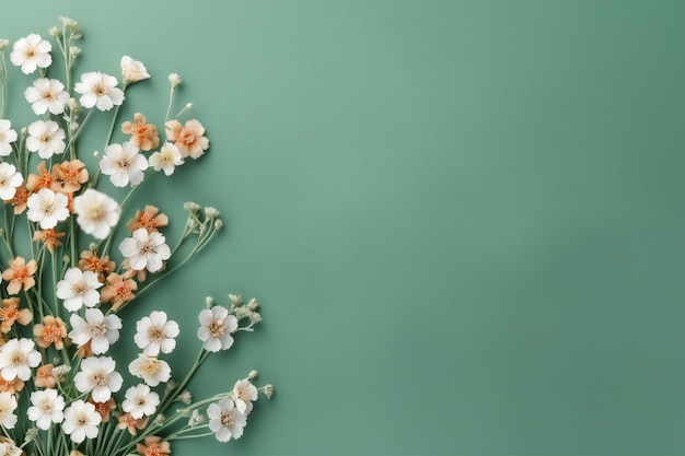 kleine mooie bloembloesems op groene pastelkleurige achtergrond met kopieerruimte