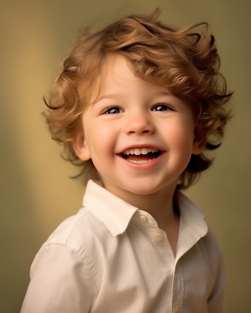 Kleine mooie jongen glimlachend model poseren op camera in heldere studio Generatieve AI