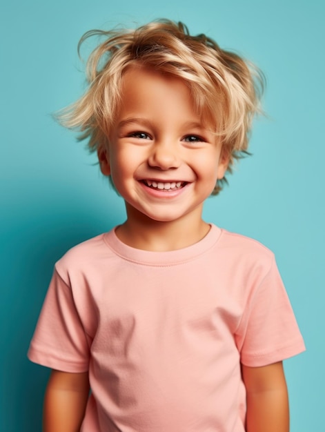 Kleine mooie jongen glimlachend model poseren op camera in heldere studio