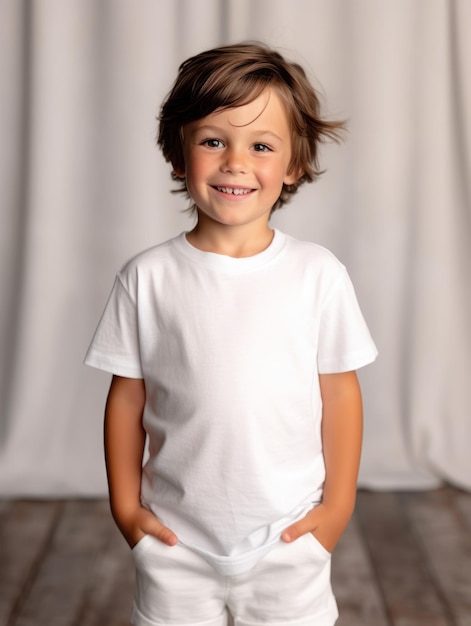 Kleine mooie jongen glimlachend model poseren op camera in heldere studio